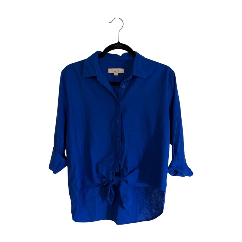 LOFT Tie Front Linen Blend Shirt Blue S Women Casual Button Down Linen Blend